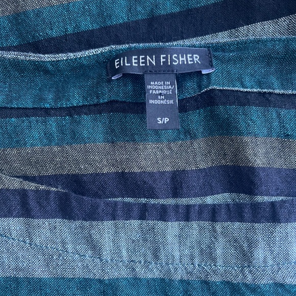 Eileen Fisher Cross-Dyed Organic‎ Linen Top Striped Teal Multi Box Tee Blouse - Picture 11 of 11